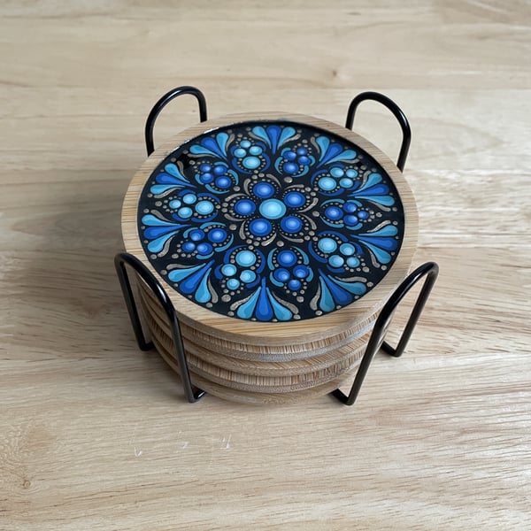 Coaster Set of 5 Blue Mandala Hand Painted Unique With Metal Coaster Holder