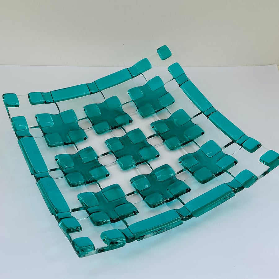 Fused glass open lattice squares decorative dish, aqua and clear