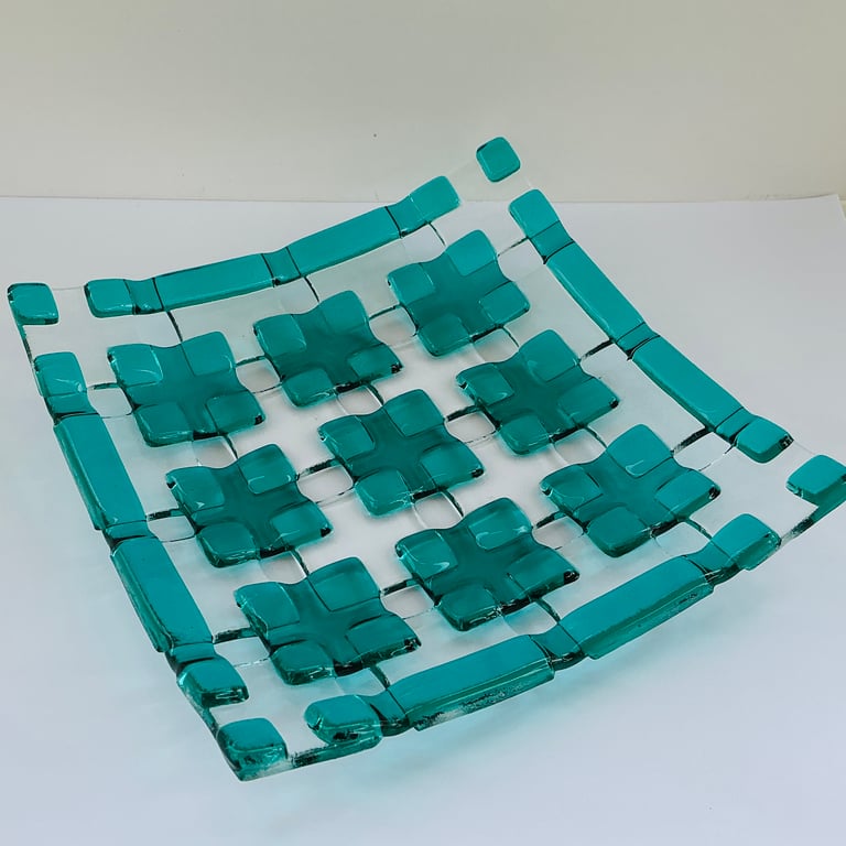 Fused glass open lattice squares decorative dish, aqua and clear