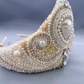 Ivory White Cultured Pearls, Ethiopian Opal & Zircon Beaded Bridal Tiara Crown 