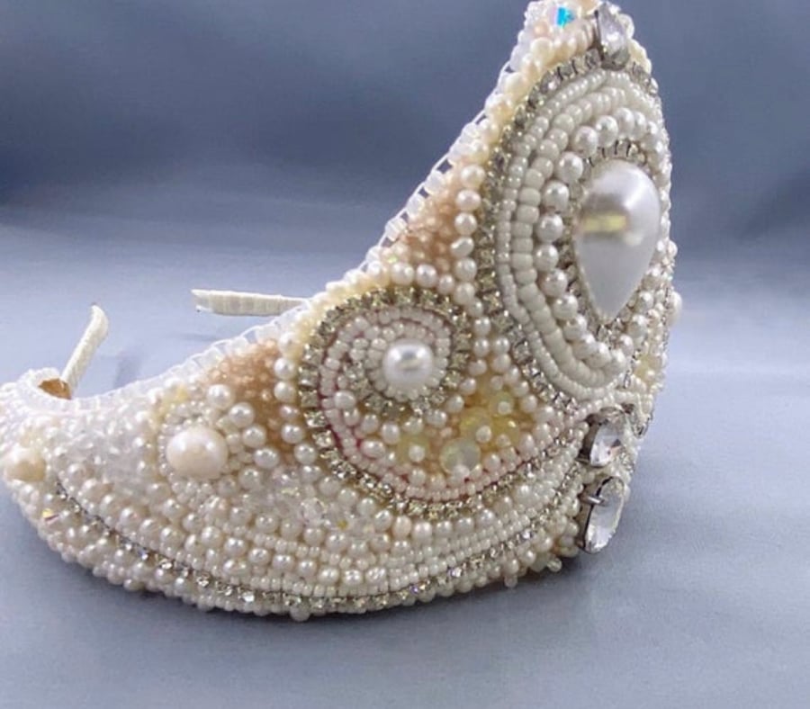 Ivory White Cultured Pearls, Ethiopian Opal & Zircon Beaded Bridal Tiara Crown 