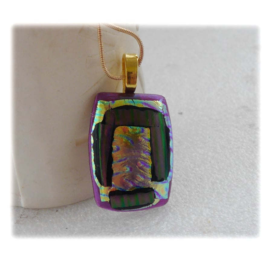 Green Dichroic Glass Pendant 142 Purple Stripe with gold plated chain