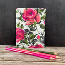 Pink Painterly Roses Hand Stitched A6 1950s Vintage Fabric Journal, Sketchbook