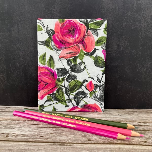 Pink Painterly Roses Hand Stitched A6 1950s Vintage Fabric Journal, Sketchbook