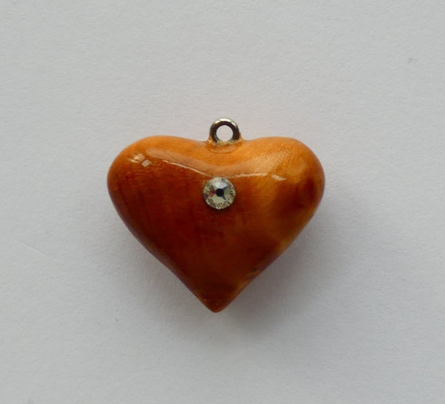 Unique Wooden Burr Wood Heart Pendant Necklace with a single Strass Crystal