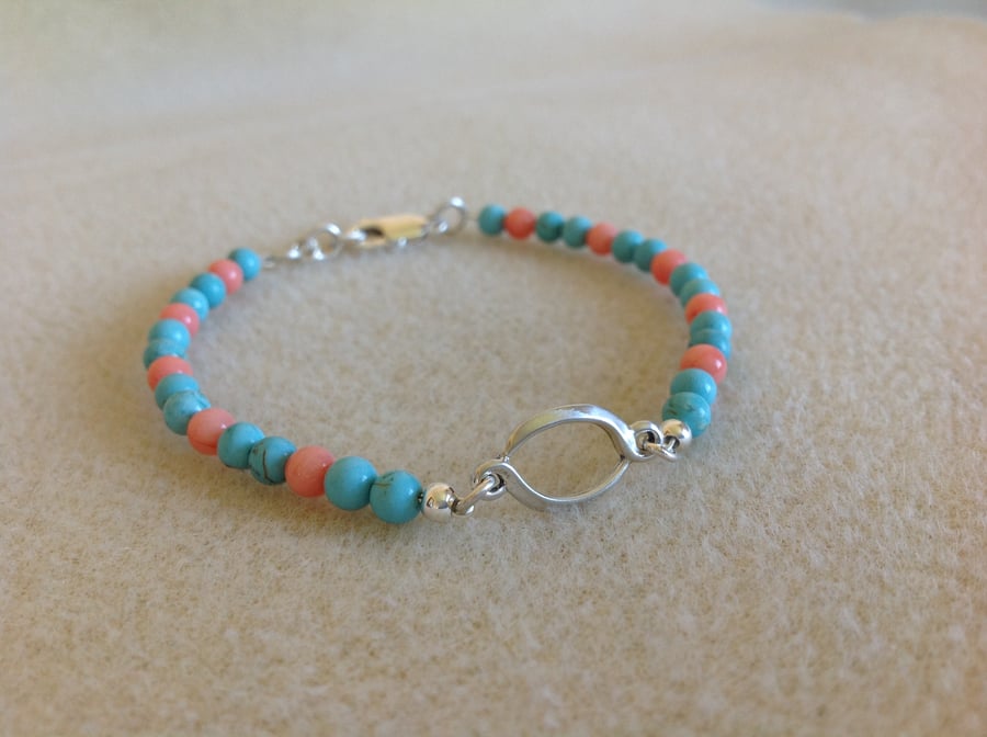 Turquoise and Coral Sterling silver dainty beaded stacking bracelet
