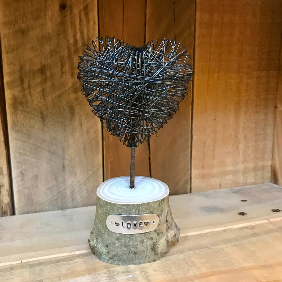 Handmade Wire Heart on Wood Slice Love Gift