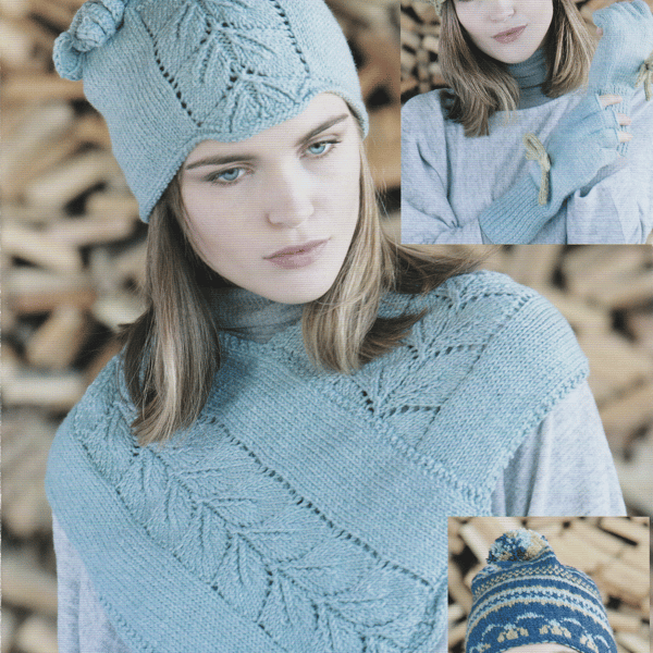 VINTAGE KNITTING PATTERN Ladies Blue Lace Poncho and Hats