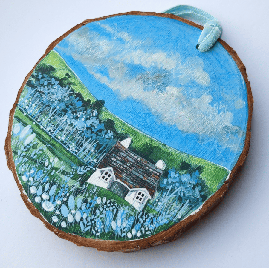 Green Field Cottage - Unique hand-painted wooden slice. Original artwork 