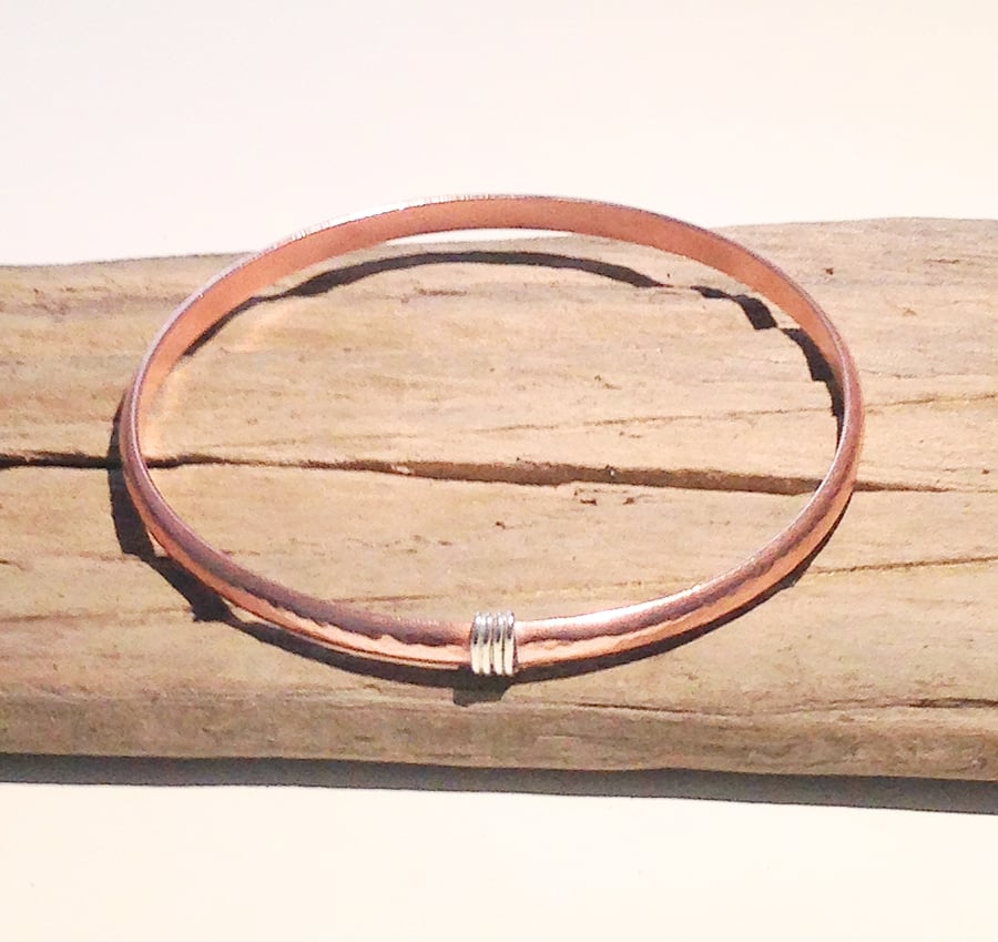 Hand Crafted Hammered Copper and Sterling Silver Bangle - UK Free Post