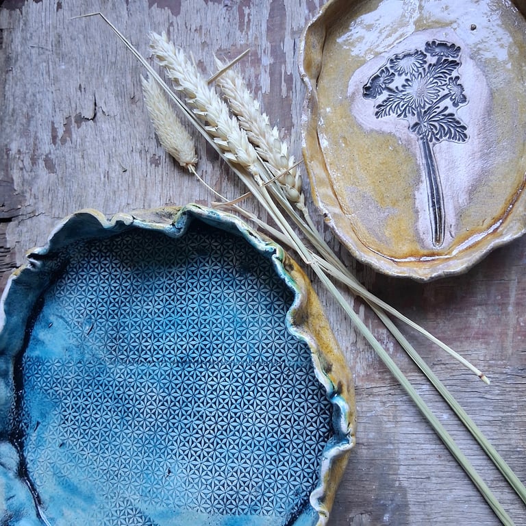 Lizzie cake Plate dish in turquoise and ochre stoneware