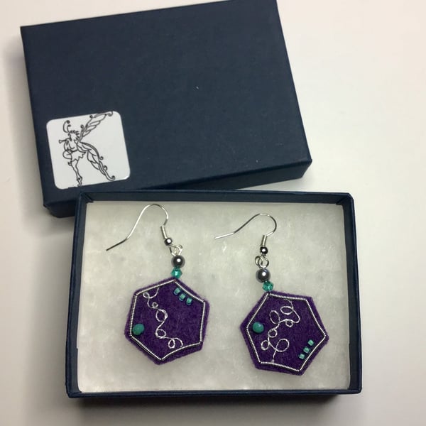 Purple and Mint Green Hexagon Earrings - Golwork, Beading, Felt, Swaroski 