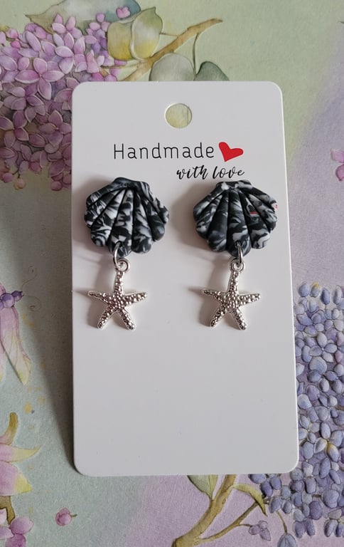 Handmade Polymer Clay Shell & Starfish Earrings. 316 Surgical Stainless Steel