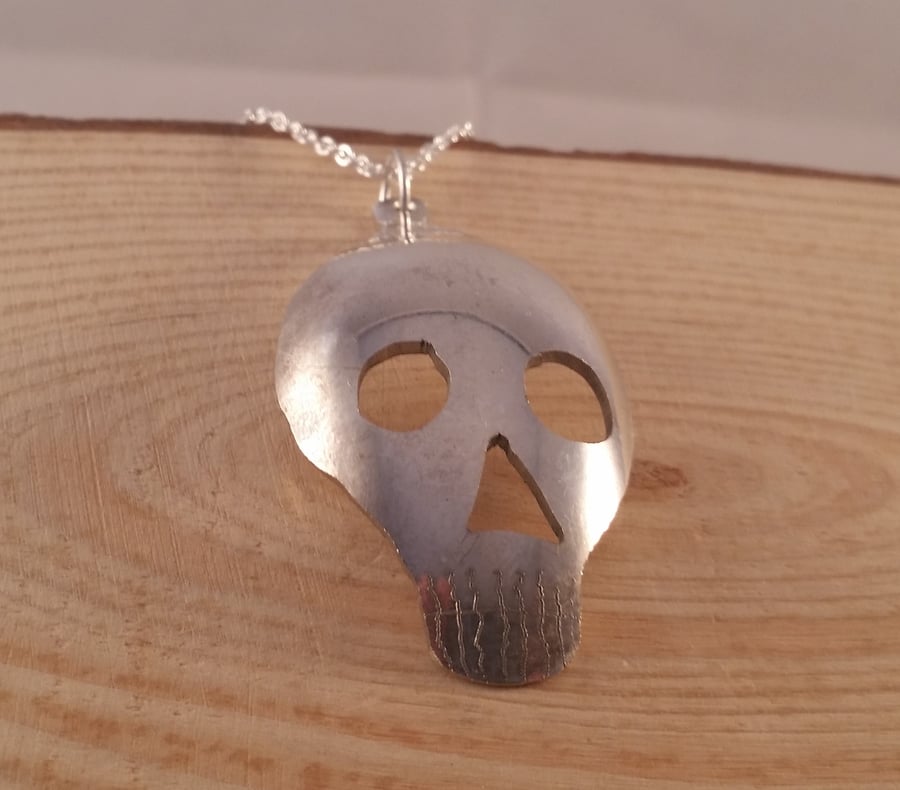 Silver Plated Upcycled Small Pierced Skull Spoon Necklace SPN071605