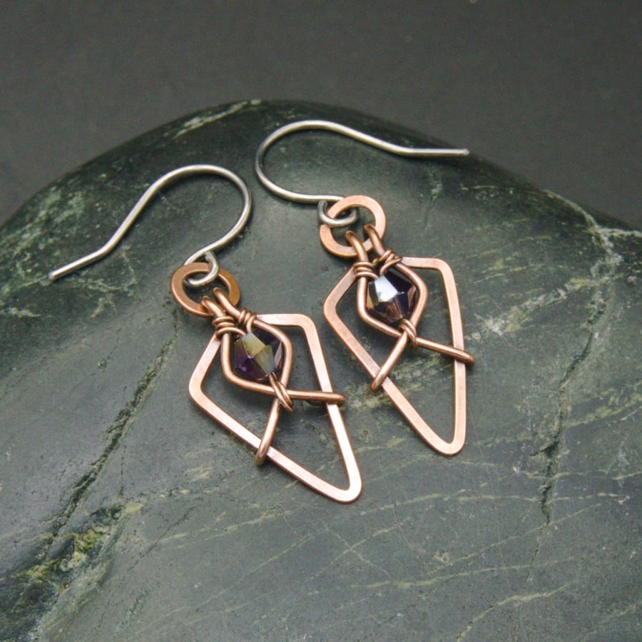 Hammered Copper Arrowhead Earrings with Dark Purple Faceted Glass Beads