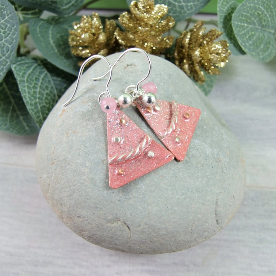Christmas Earrings, Sterling Silver and Copper with Pink Enamel