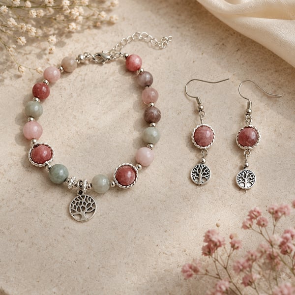 Elegant Hand-Made Tree of Life Bracelet and Earrings Set