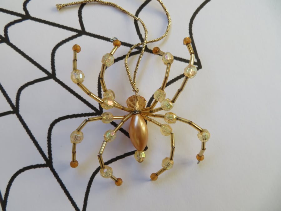 Gold Ornamental Beaded Spider Gift Hanging Decoration Halloween 