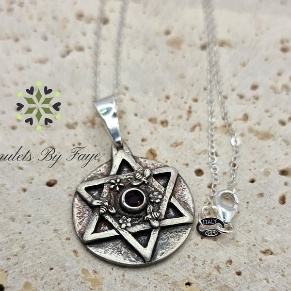 Six Point Star Sterling Silver Pendant, Bees Flowers and Garnet Orissa Necklace.