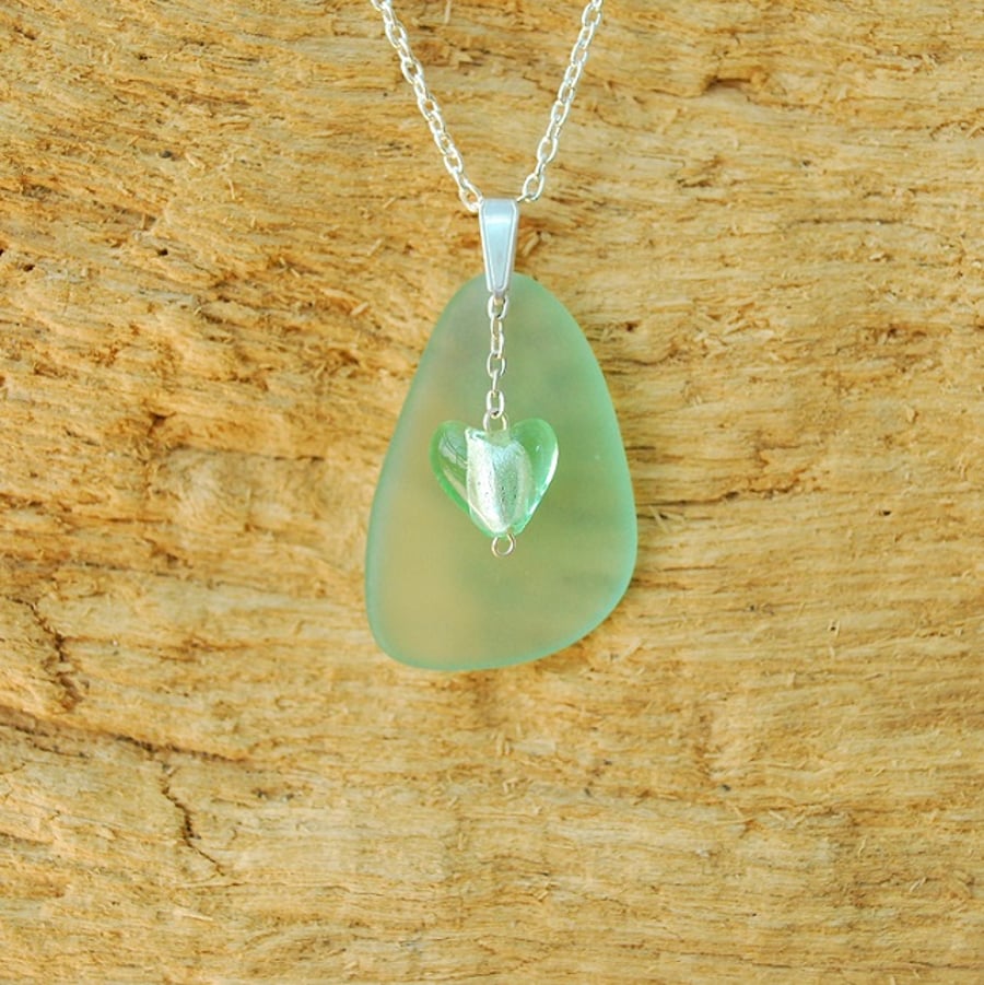 Pale green beach glass pendant with heart