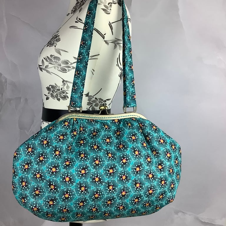 Floral turquoise large frame shoulder bag, Kiss clasp bag, Handmade