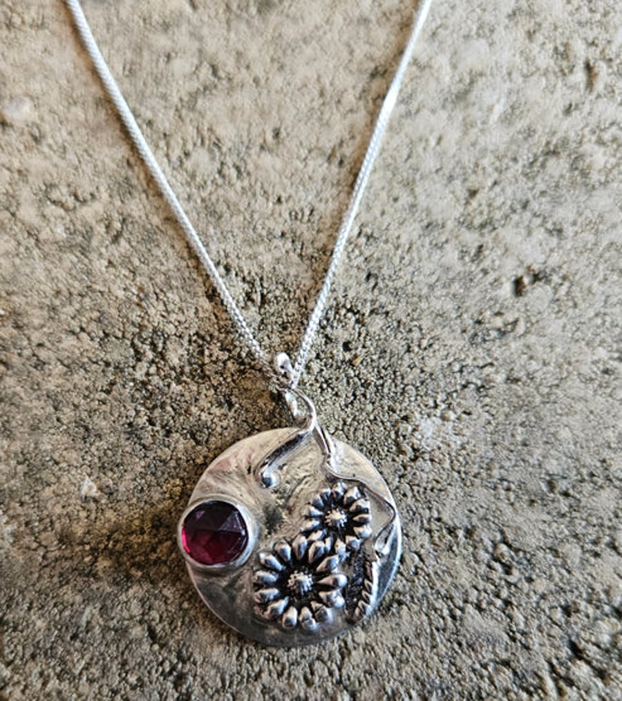Wildflower Daisy and Garnet Pendant