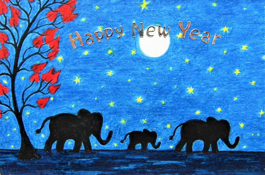 Happy New Year Card, Elephant Card, Baby Animal Card, Moon Stars Kids Card, Xmas