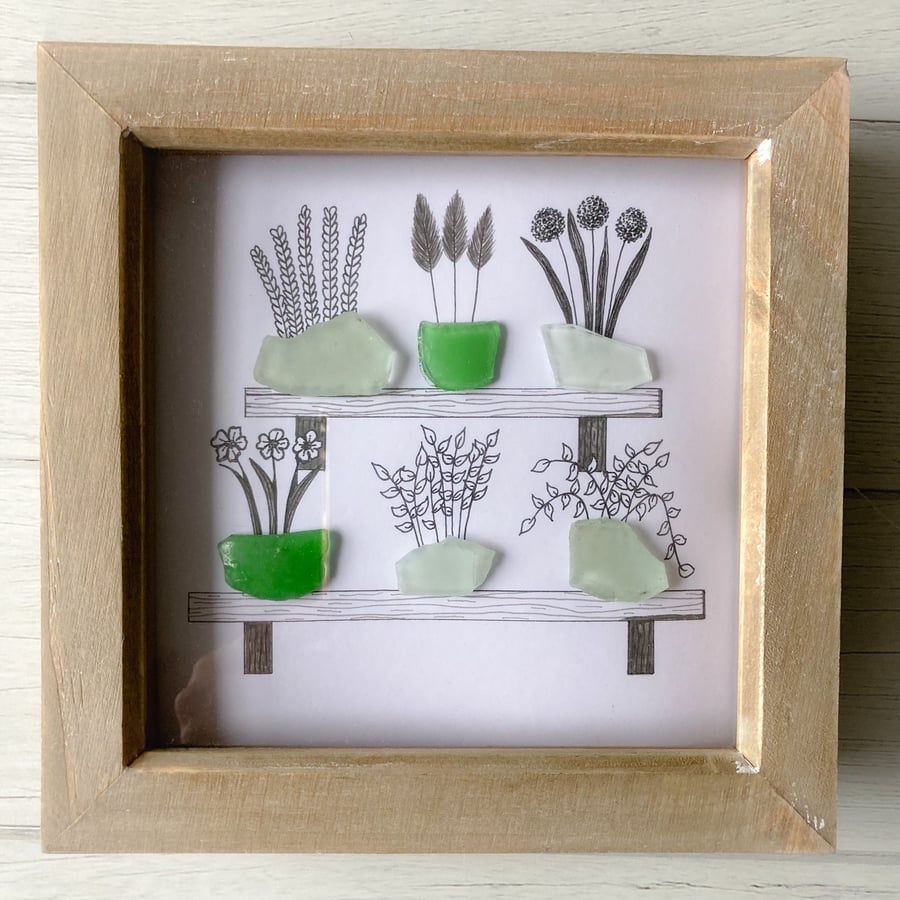 Plant pot design box frame art with sea glass from Cornwall 