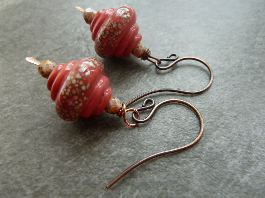 copper earrings, coral lampwork glass