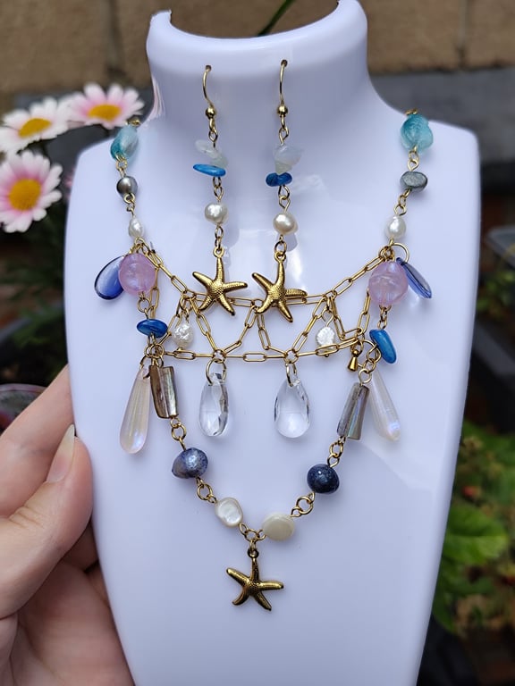 Handmade gold-coated stainless steel necklace and earrings set