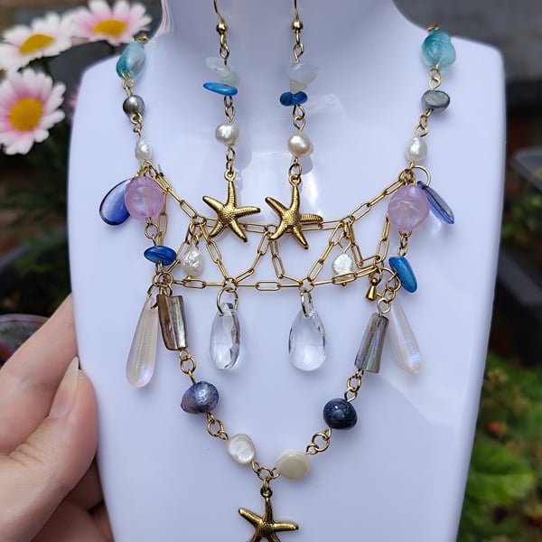 Handmade gold-coated stainless steel necklace and earrings set