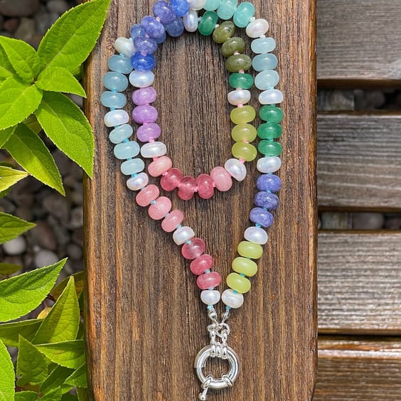 Jade & Pearl Rainbow Hand Knotted Beaded Gemstone Necklace