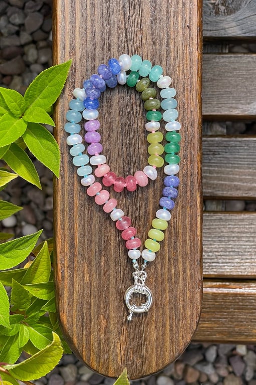 Jade & Pearl Rainbow Hand Knotted Beaded Gemstone Necklace