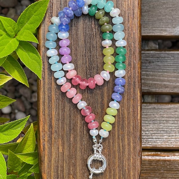 Jade & Pearl Rainbow Hand Knotted Beaded Gemstone Necklace