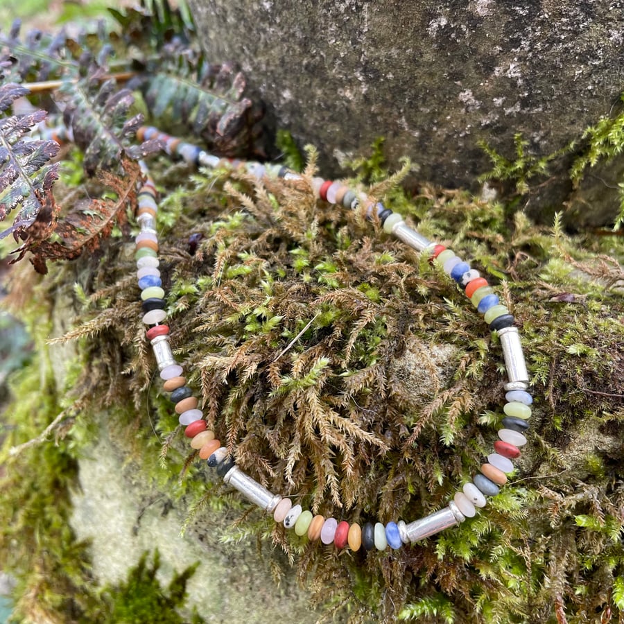 Sterling silver and colourful multi gemstone bead necklace