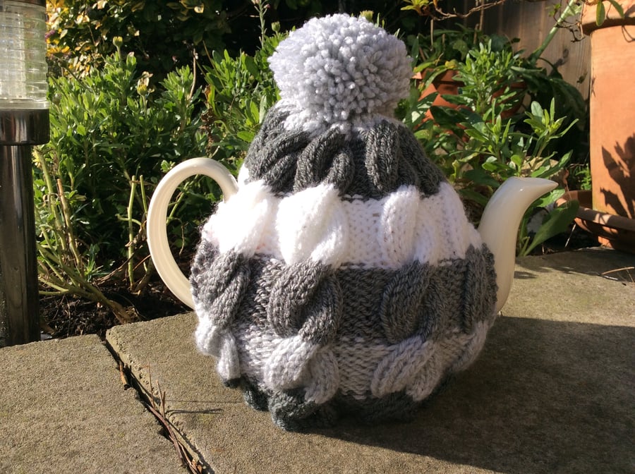 Cable Tea Cosy - grey stripe knitted woolly hug for your tea cosy Father's day