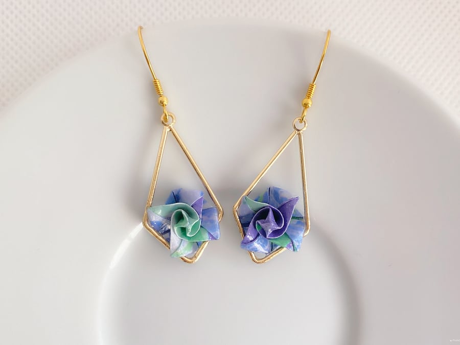 Stylish Origami Rose Earrings with Rhombic Hoop - Handmade, Gold Hook