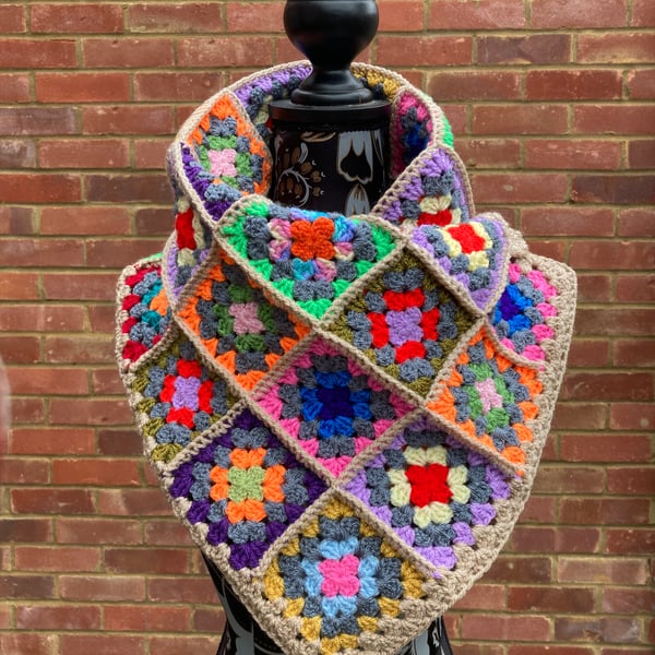 Grannysquare scarf crochet design with heart toggle made to order 