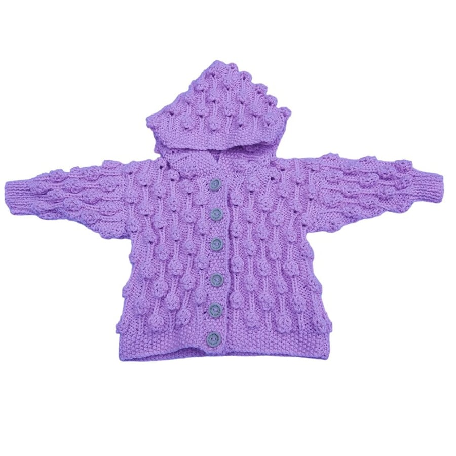 Lilac hooded baby cardigan with bobble pattern 0 - 6 months 
