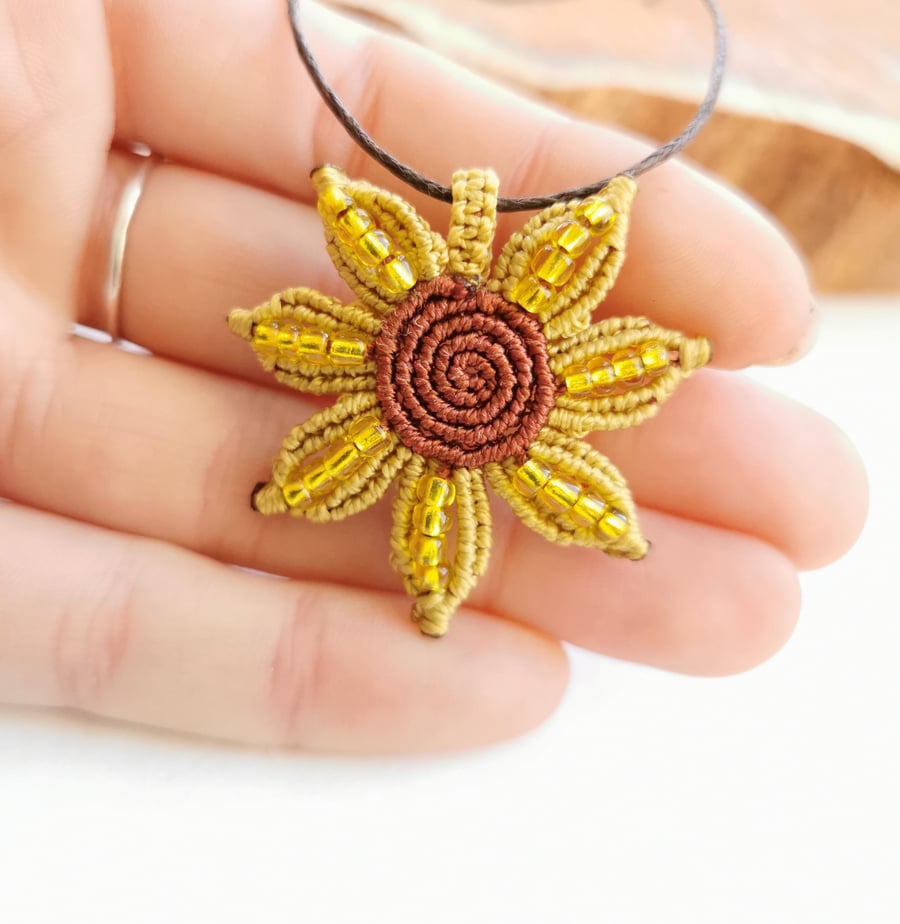 Sunflower Macrame necklace pendant with glass beads. 