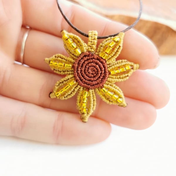 Sunflower Macrame necklace pendant with glass beads. 