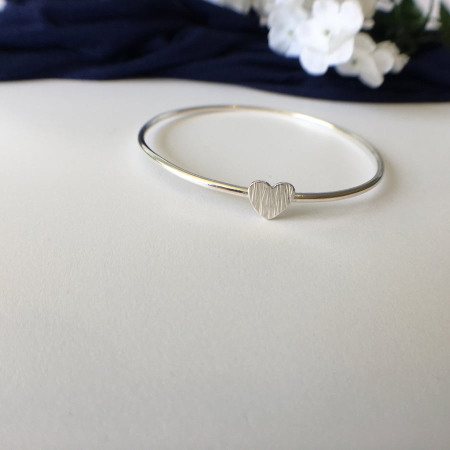 Eco Sterling Silver Bangle with Textured Heart - hallmarked