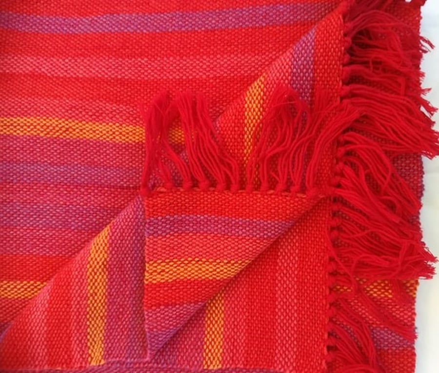 Hand Woven Wool Scarf Red Rainbow