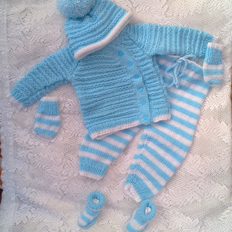 Baby's Knitted Blue and White 5 Piece Pram Set, Outdoor Clothes, Custom Make