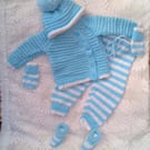 Baby's Knitted Blue and White 5 Piece Pram Set, Outdoor Clothes, Custom Make