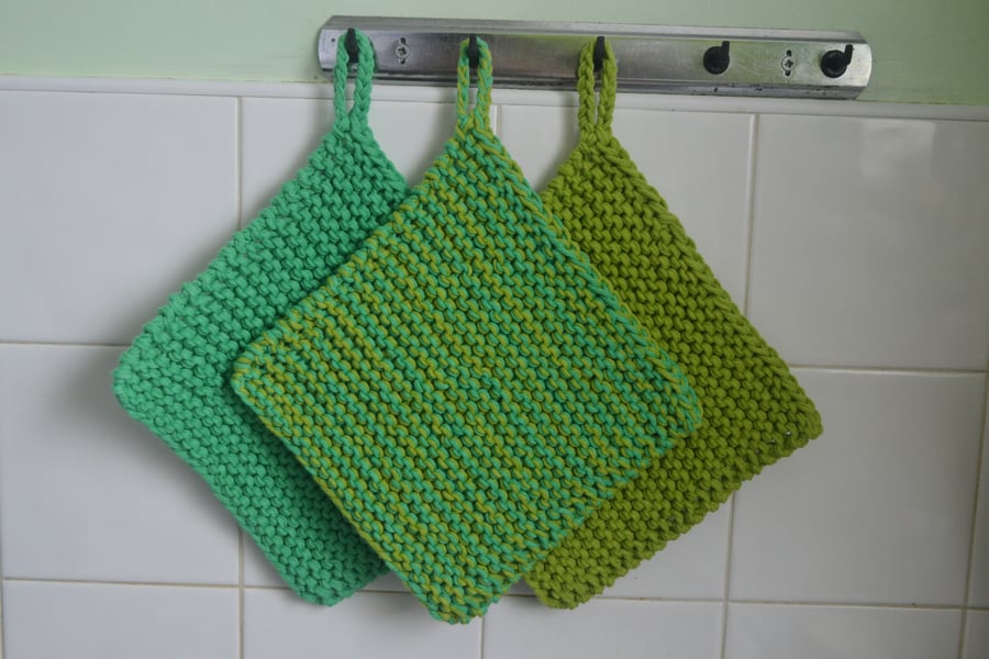 Set of 3 Handmade Pot Holders Green Lime Green Knitted Cotton Acrylic Set 03