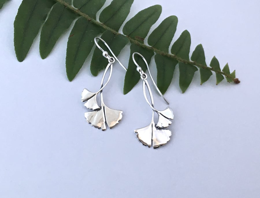 Silver Ginkgo Leaf Earrings, Ginkgo Biloba leaves, 