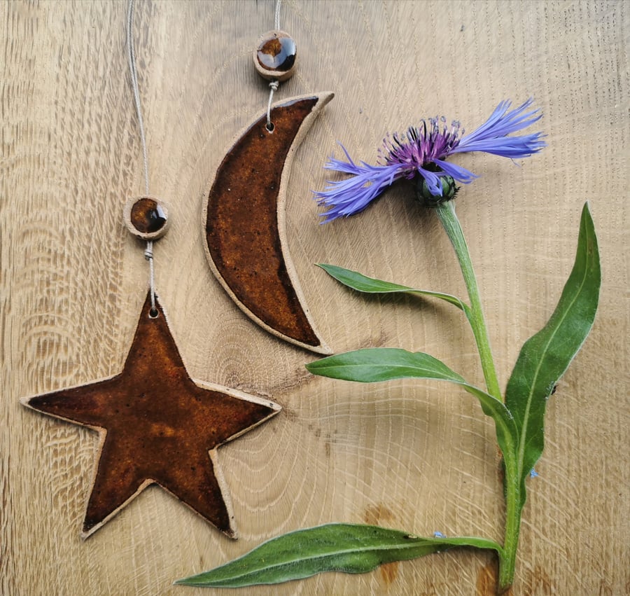Folk art ceramic hangings-star and moon decorations--Christmas decoration