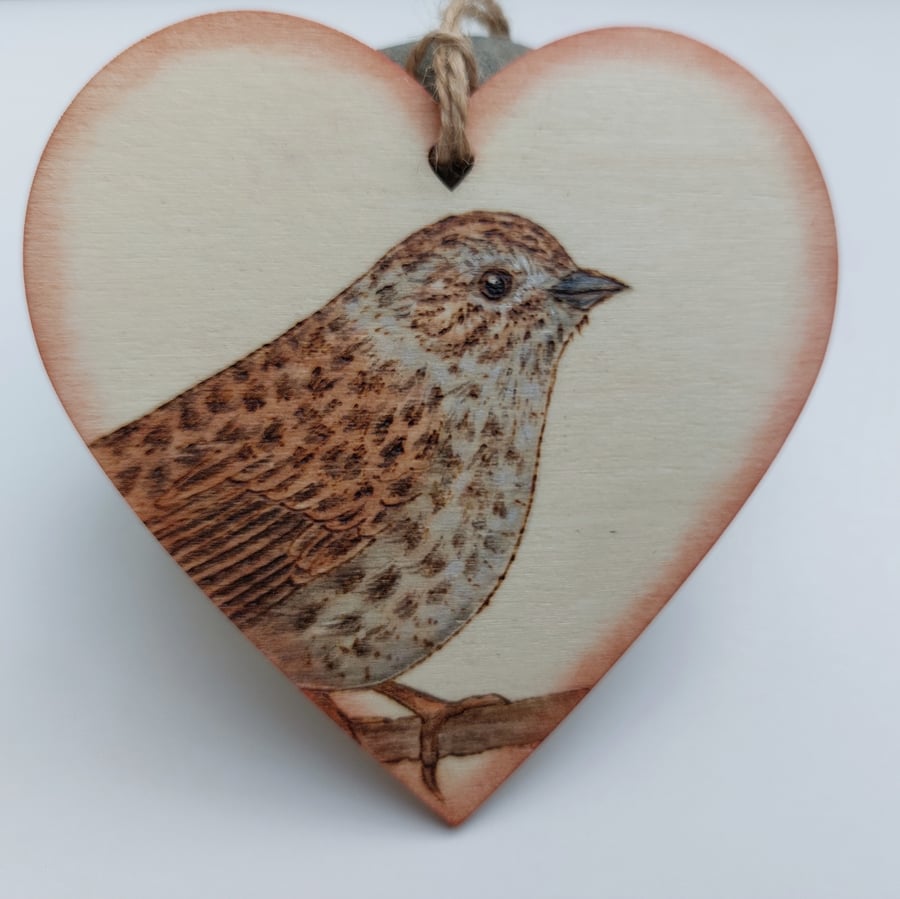 Dunnock pyrography hanging heart ornament 