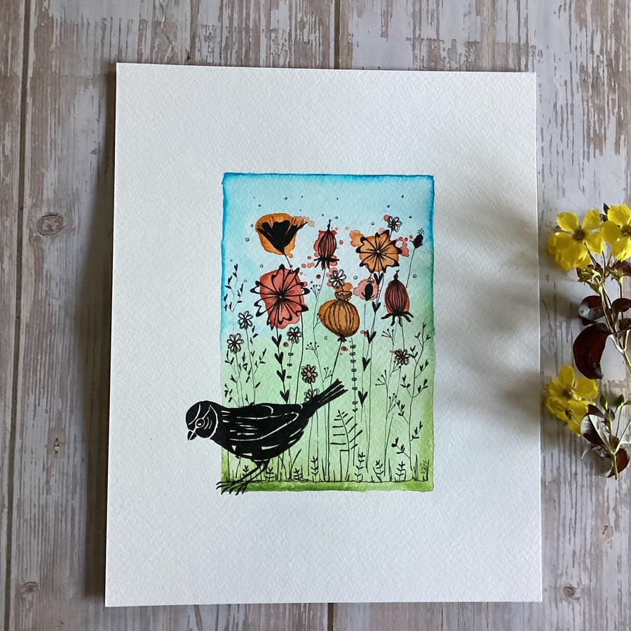 Bird and Flowers watercolour and ink painting, gift for bird lover